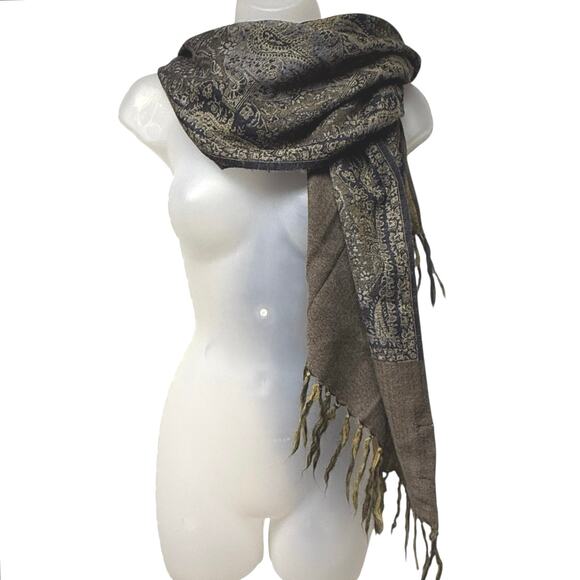 Halston Red 100% Wool Black Gray Tan Paisley Fringed Scarf Shawl Pashmina Wrap - Picture 1 of 6